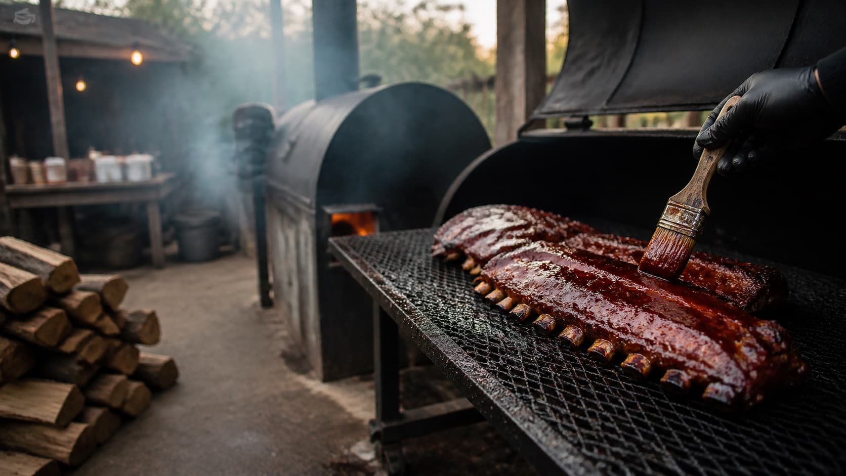 Рёбра покрывают BBQ-глазурью у смокера